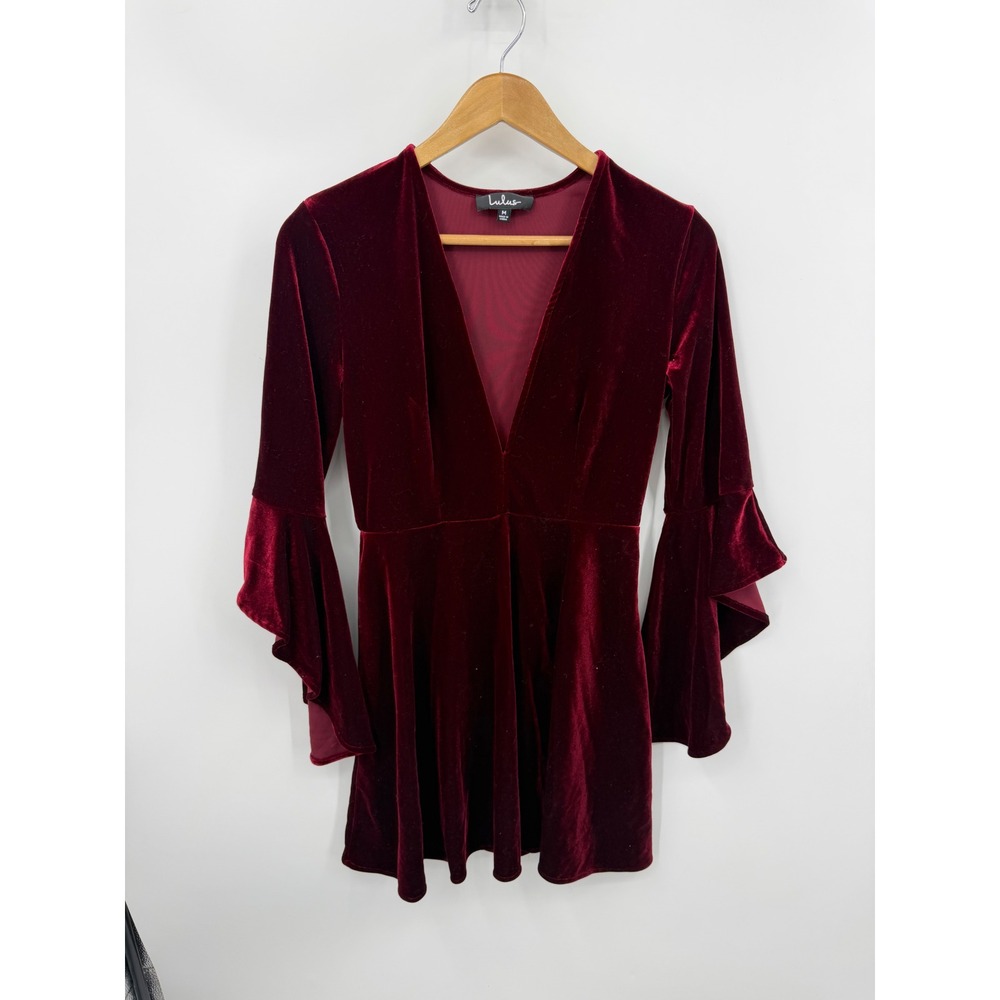 Lulus Velvet Mini Dress Women Medium Burgundy Bell Sleeve V-Neck Fit Flare